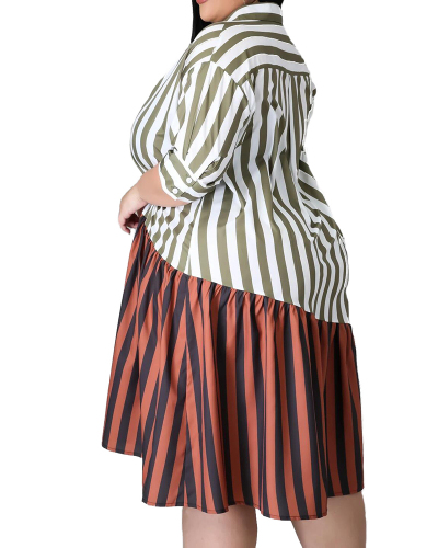 Plus Size Lady's Printed Multicolor Stitching Shirt Dress L-5XL