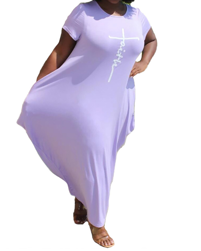 Women's Solid Color Round Neck Short Sleeve Irregular Hem Dress L-5XL