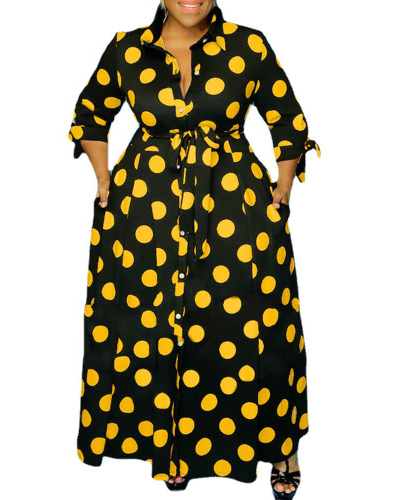 Lady Fashion Shirt Long Sleeve Polka Dot Print Dress XL-5XL