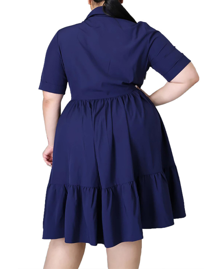 Pure Color Plus Size Ladies Short Sleeve Shirt Dress L-5XL