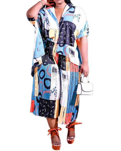 Fashion Printed Four-Way Stretch Pleated Pants Loose Large Size Blue Cardigan Short-Sleeved Shirt Two-Piece Set S-4XL