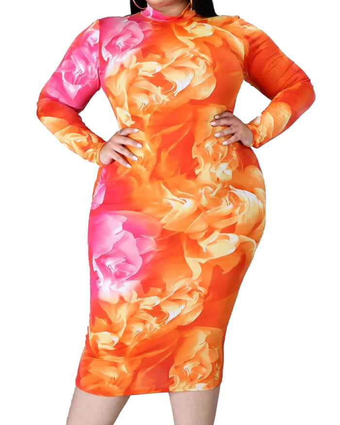 Woman Sexy High Neck Long Sleeve Feature Printed Large Size Slim Ladies Midi Dress L-5XL