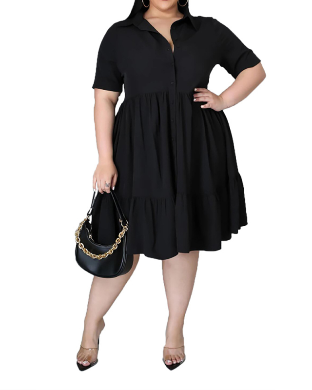 Pure Color Plus Size Ladies Short Sleeve Shirt Dress L-5XL