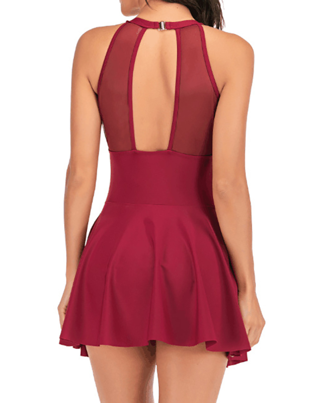 Lady Sexy Solid Color Backless Lace One Piece Swimwear Red Black Blue S-2XL 