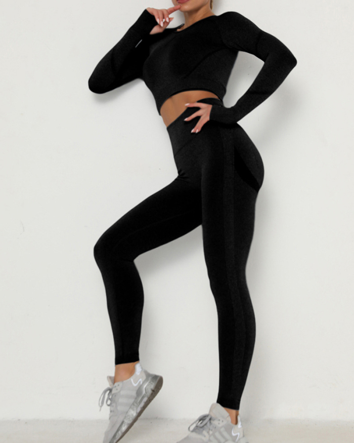 Seamless Knitted Gym Sports Fitness Slim Long-sleeve Top Hip-lifting Leggings Two-piece Yoga Suit Multi Color S-L