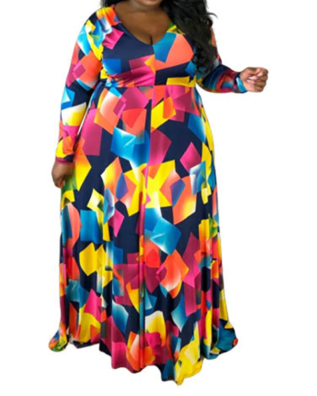 Oversized Printed Sexy V-Neck Dress XL-5XL
