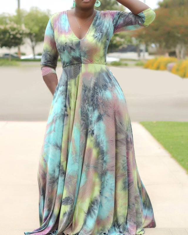 Woman Sexy Printed V-Neck Big Swing Dress XL-5XL