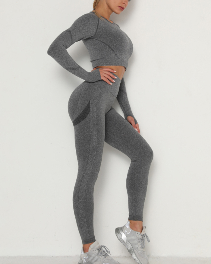Seamless Knitted Gym Sports Fitness Slim Long-sleeve Top Hip-lifting Leggings Two-piece Yoga Suit Multi Color S-L