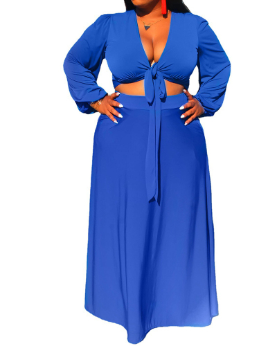 Woman Tie Sexy V-Neck Solid Color Long Dress Plus Size Two-Piece Set XL-5XL