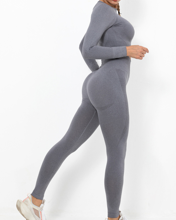 Seamless Knitted Gym Sports Running Fitness Long-sleeve Top High Waist Leggings Two-piece Yoga Suit Multi Color S-L