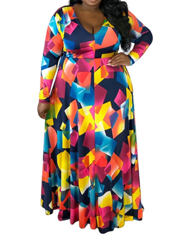 Oversized Printed Sexy V-Neck Dress XL-5XL