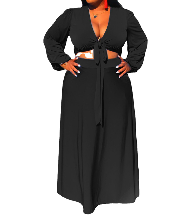 Woman Tie Sexy V-Neck Solid Color Long Dress Plus Size Two-Piece Set XL-5XL