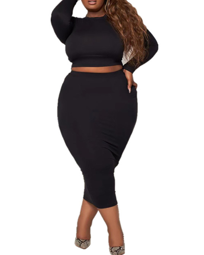 Knitted Plus Size Women's Clothing Fashion Casual Solid Color Long-sleeved Waist Two-piece Skirt Suit XL-5XL