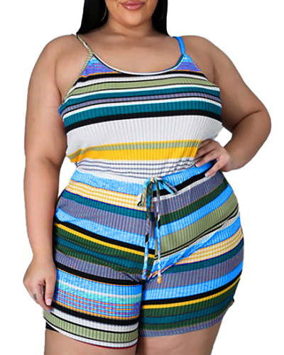  Women Colorblock Striped Strap Tops Shorts Set Plus Size Two Piece Sets Blue Pink L-4XL