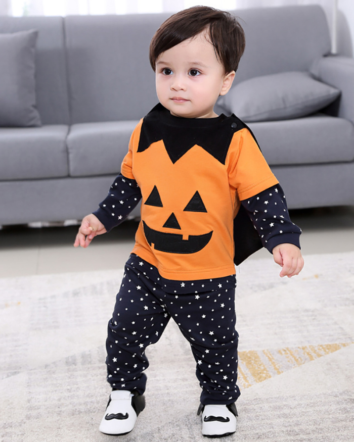 Children's Halloween Pumpkin Infant and Toddler Long Sleeve Trousers Hat Four-Piece Set