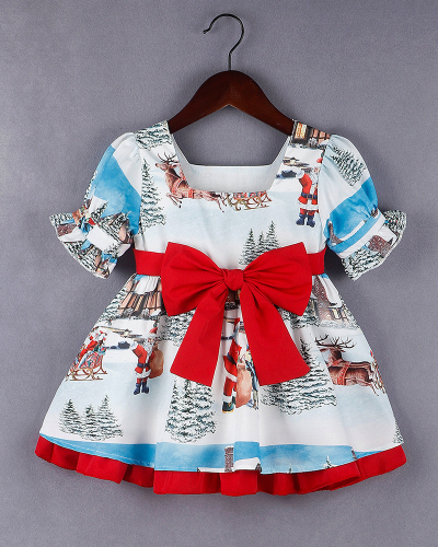 Santa Print Big Bow Skirt Girls Dress