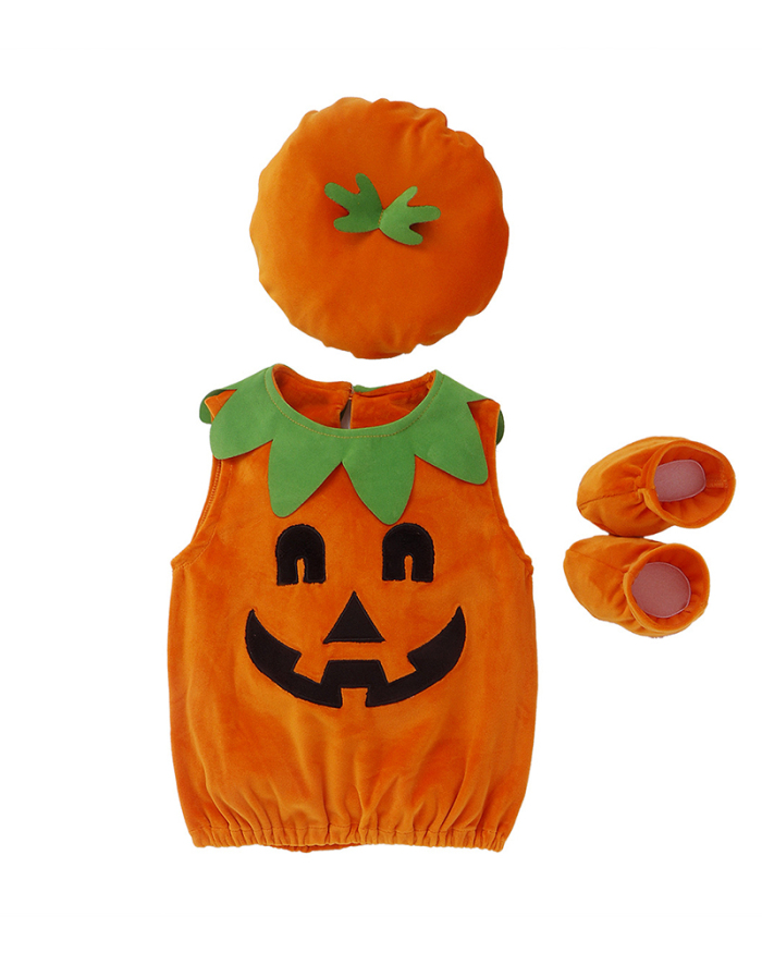 Halloween Children's Cute Round Neck Sleeveless Pumpkin Triangle Bag Fart Three-Piece Romper Set