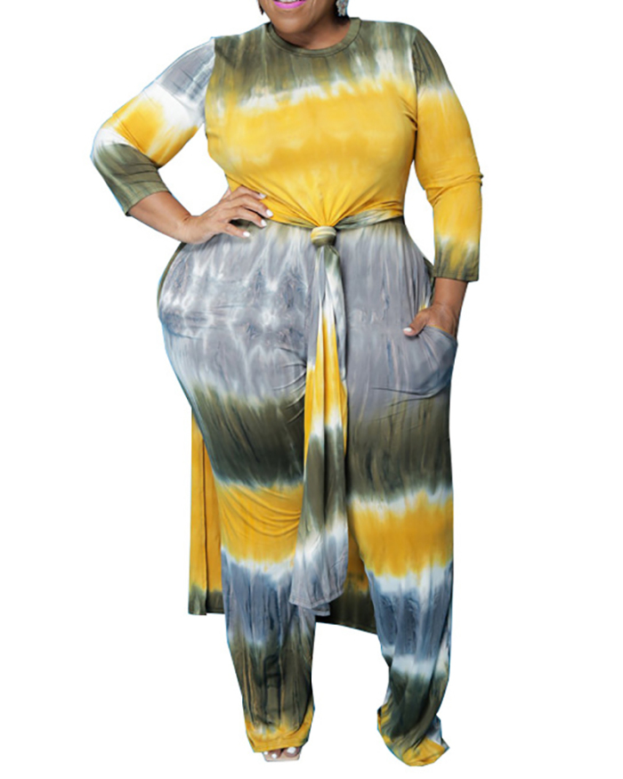 Plus Size Women's Sexy Long-sleeved Split Fashion Smock Blouse Pants Two-piece Suit XL-5XL