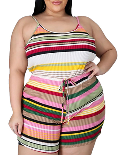  Women Colorblock Striped Strap Tops Shorts Set Plus Size Two Piece Sets Blue Pink L-4XL