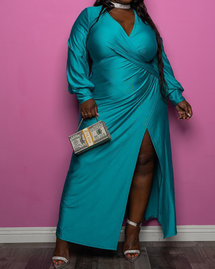Women's Plus Size Deep V Slit Lantern Sleeve Pleated Dress Solid Color XL-5XL