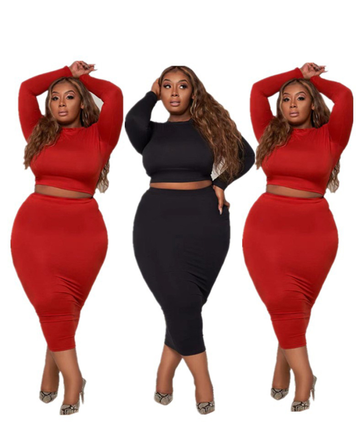 Knitted Plus Size Women's Clothing Fashion Casual Solid Color Long-sleeved Waist Two-piece Skirt Suit XL-5XL