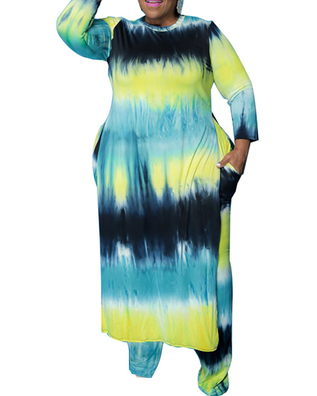 Plus Size Women's Sexy Long-sleeved Split Fashion Smock Blouse Pants Two-piece Suit XL-5XL