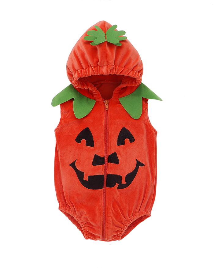 Pumpkin-Shaped Hooded Zipper One-Piece Baby Sleeveless Romper