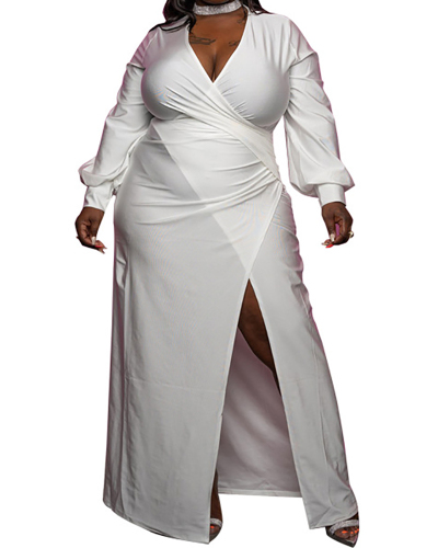 Women's Plus Size Deep V Slit Lantern Sleeve Pleated Dress Solid Color XL-5XL