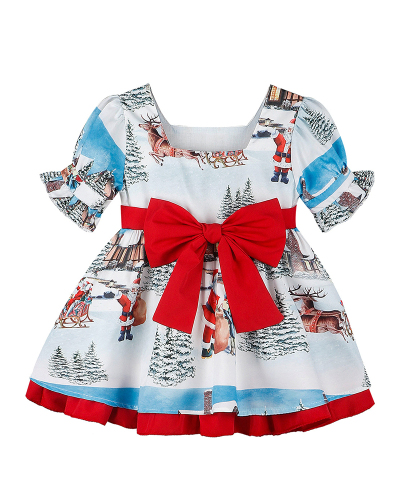 Santa Print Big Bow Skirt Girls Dress