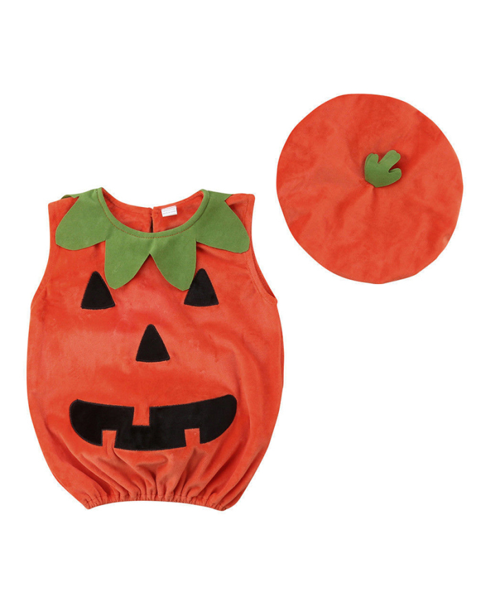 Halloween Children's Cute Round Neck Sleeveless Pumpkin Triangle Bag Fart Three-Piece Romper Set