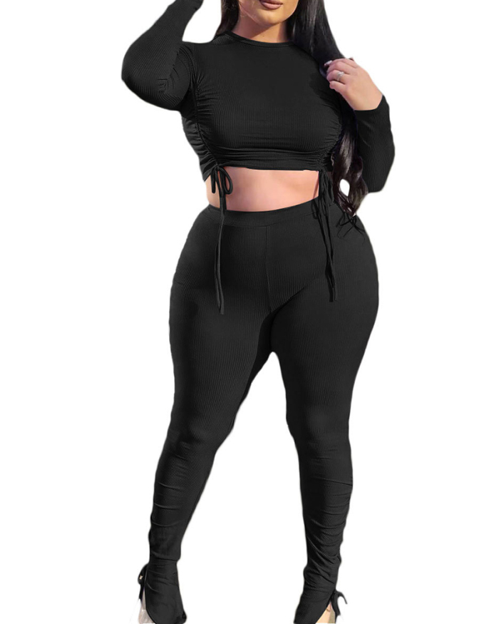 Plus Size Women's Casual Solid Color Knitted Long-sleeved Drawstring Trousers Two-piece Pants Suit XL-4XL