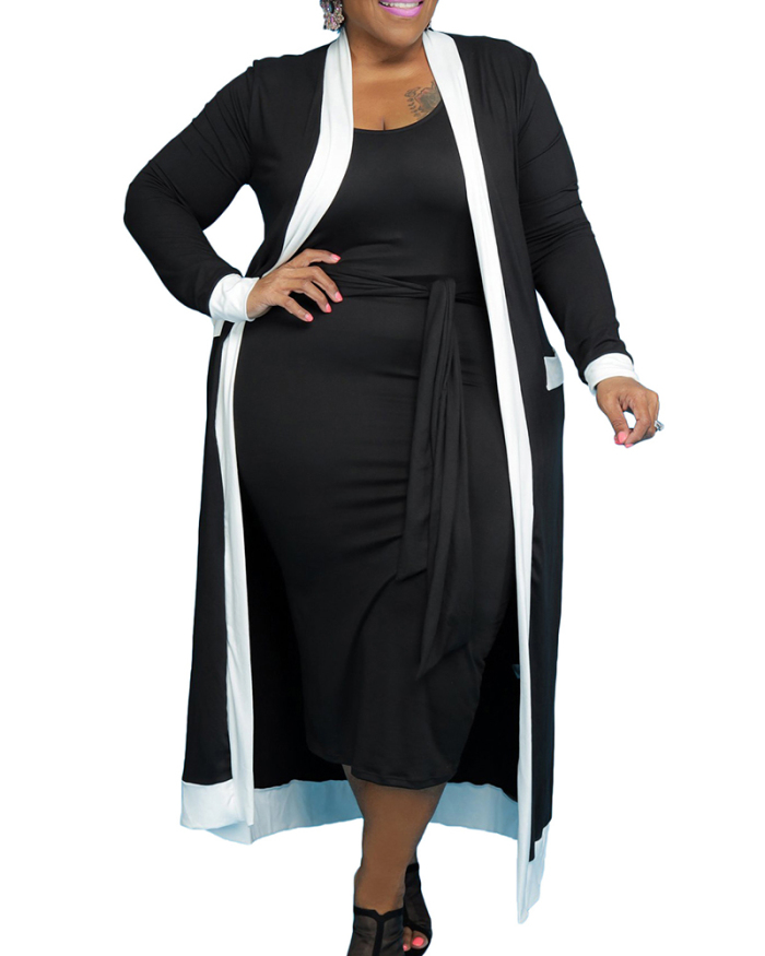 Plus Size Women's Casual Solid Color Striped Stitching Long-sleeved Jacket Vest Dress Suit Two-piece Dress Suit XL-4XL