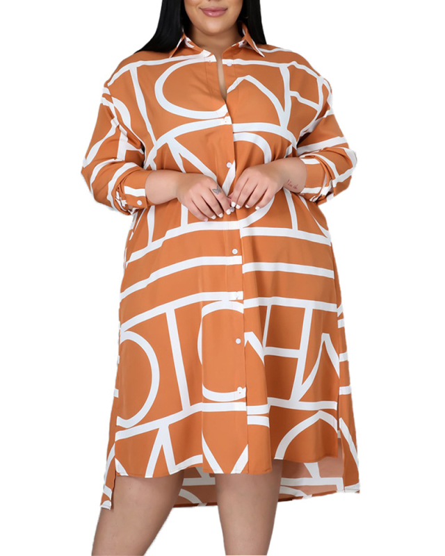 Plus Size Printed Pleated Shirt Plus Size Dress (No Belt or Tunic Contained) L-4XL
