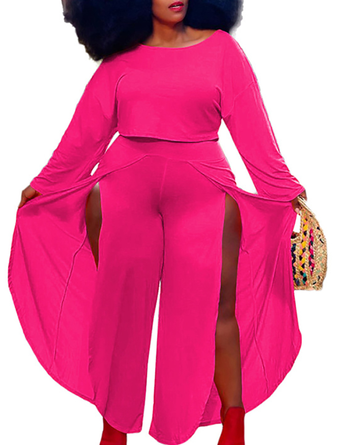 Plus Size Women's Casual Solid Color Long-sleeved Wide-leg Two-piece Pants Set XL-4XL
