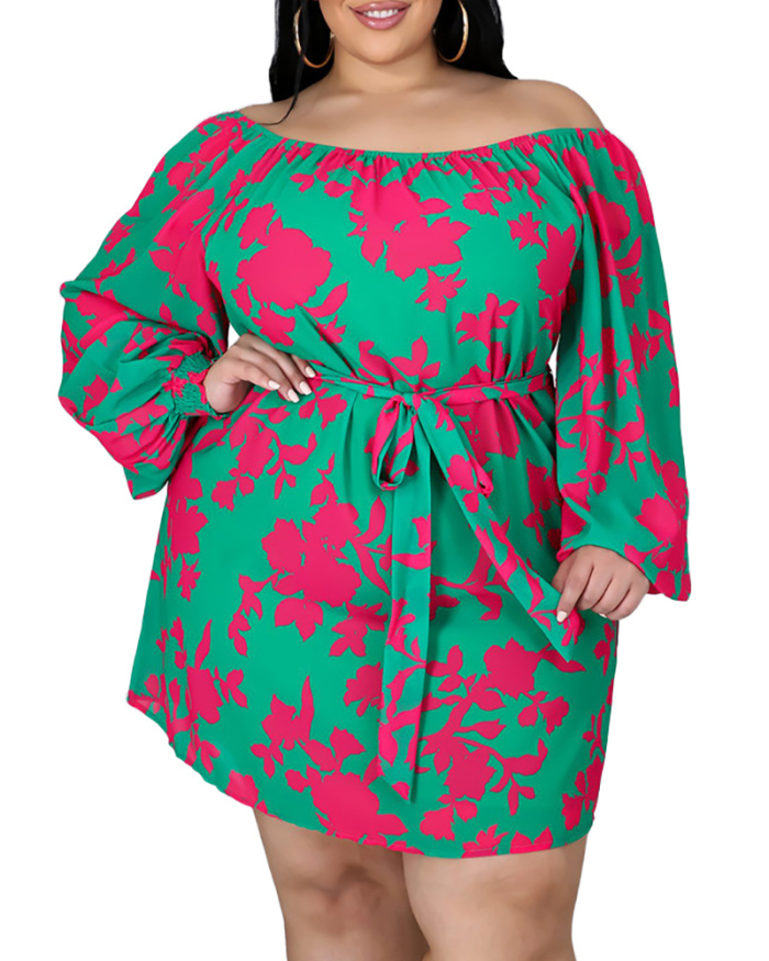 Plus Size Trendy Printed Long Sleeve Loose Dress Above Knee L-4XL