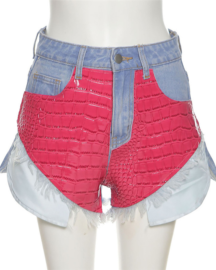 Women Colorblock Patchwork Packet Fashion Sexy Short Jean Shorts Orange Red S-L