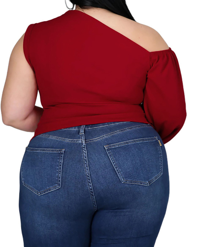 Plus Size Solid Color Slanted Shoulder One-shoulder Sleeve Asymmetric Top XL-5XL