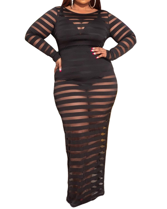 Women's New Round Neck Black Sexy Mesh Hollow Long Skirt L-4XL