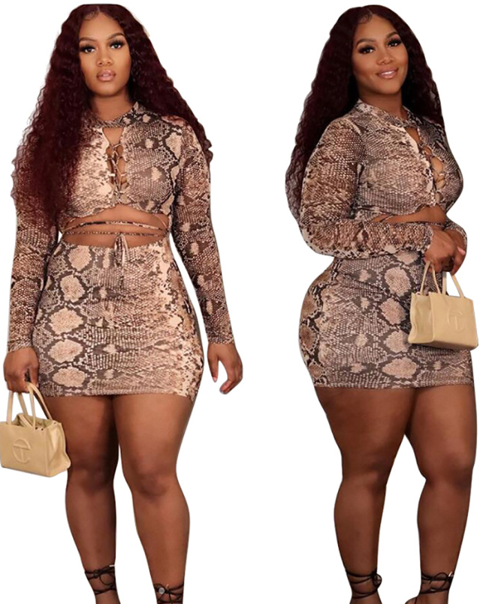 Plus Size Snakeskin Printed Tie Midriff-baring Long Sleeve Short Skirt Two-Piece Set L-4XL