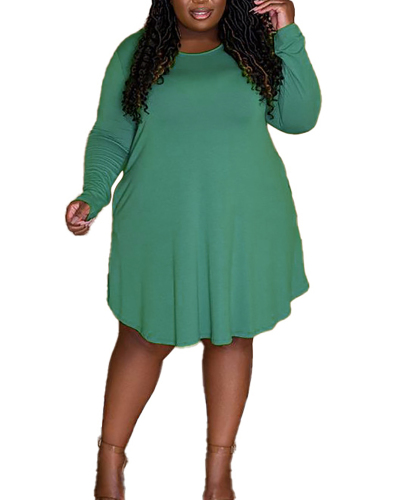 Plus Size Solid Color Loose Casual Ladies Long Sleeve Dress L-4XL