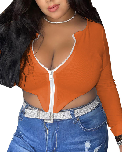 Plus Size Women's Clothing Solid Color Irregular Sexy Zipper Top L-4XL