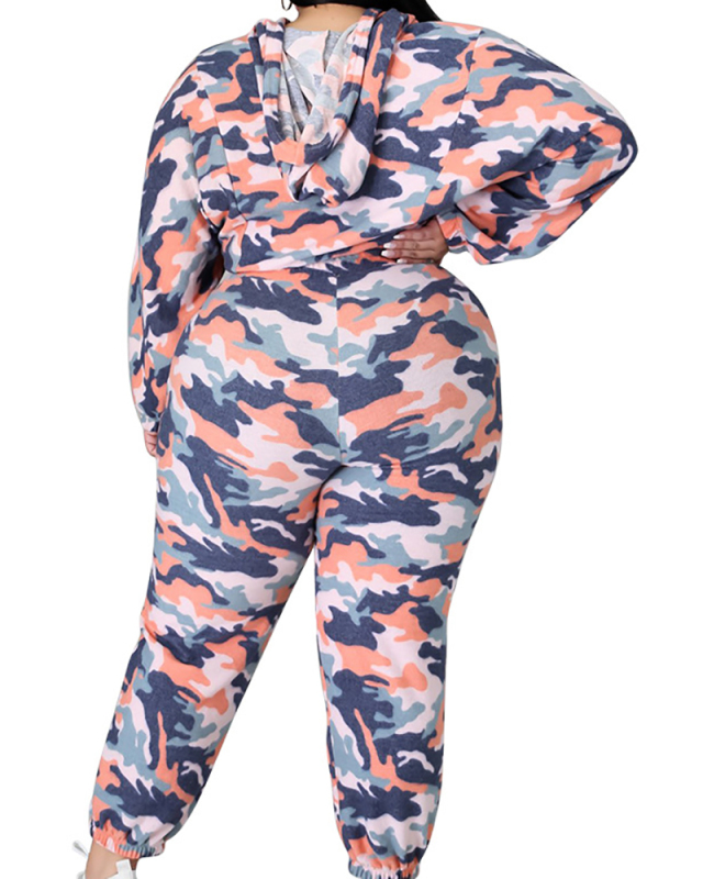 Plus Size Camouflage Print Lace-up Sexy Urban Fashion Casual Two-piece Suit L-4XL