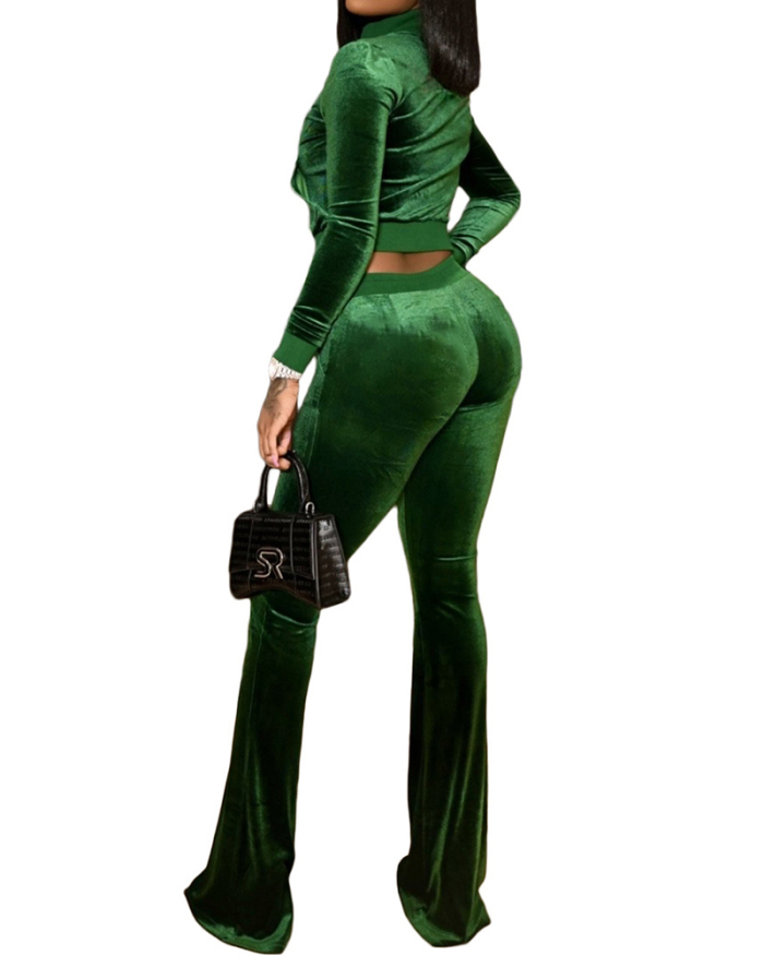 Women Long Sleeve Zipper Tops Velvet Two Pieces Outfit Pants Sets Black Blue Green Brown S-2XL