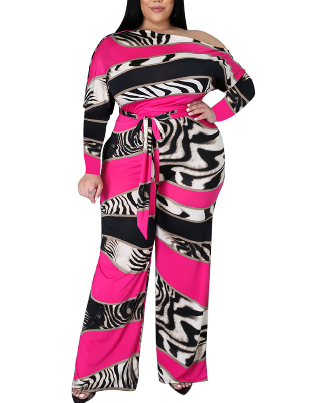 Plus Size Women's Printed Slanted Shoulder Strappy Wide-leg Pants Jumpsuit L-4XL
