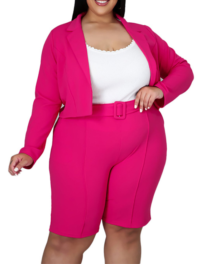 Plus Size Top Shorts Suit Solid Color Sexy Women's Fashion Casual Lapel Cardigan Two-piece Suit (No Lining Included) L-4XL