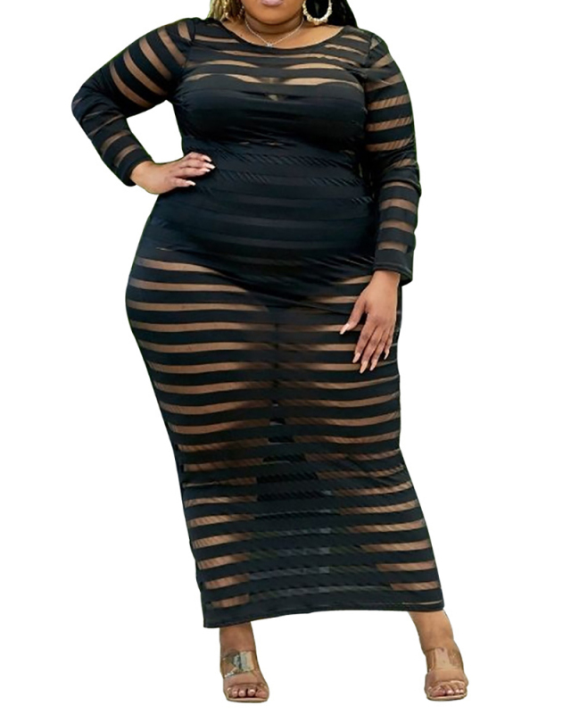 Women's New Round Neck Black Sexy Mesh Hollow Long Skirt L-4XL
