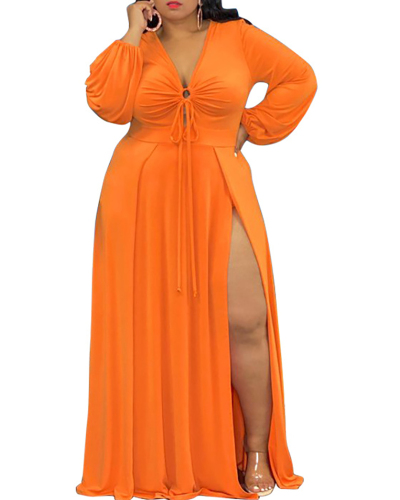 Plus Size Sexy Solid Color Split Cut Hollow Strappy Dress Multi Color L-4XL
