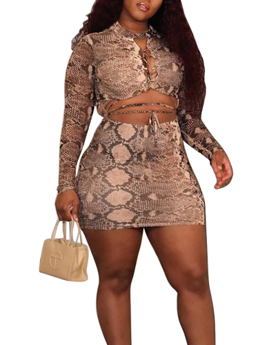 Plus Size Snakeskin Printed Tie Midriff-baring Long Sleeve Short Skirt Two-Piece Set L-4XL