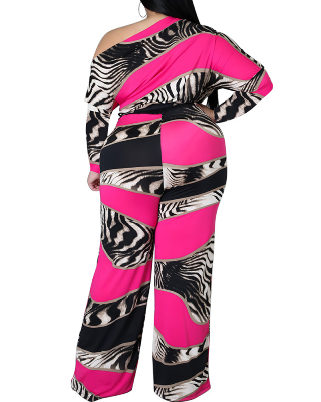 Plus Size Women's Printed Slanted Shoulder Strappy Wide-leg Pants Jumpsuit L-4XL