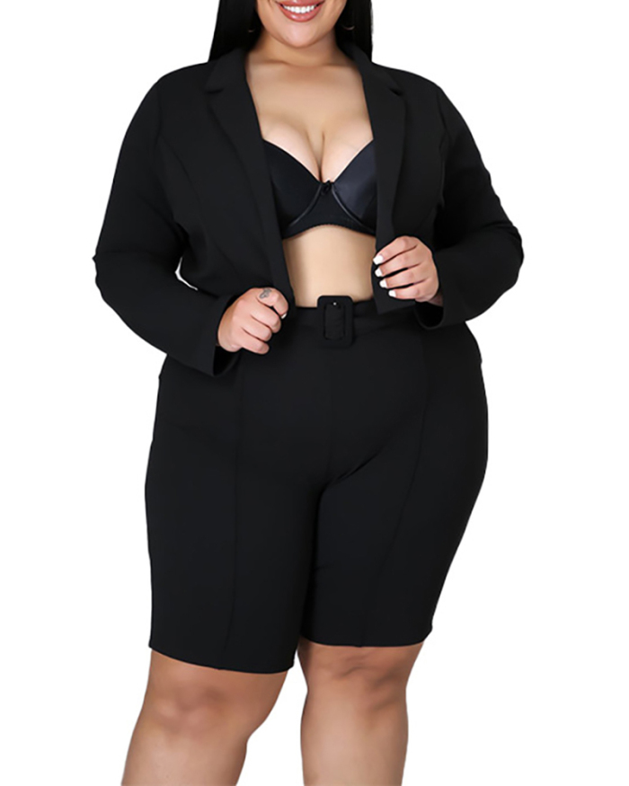 Plus Size Top Shorts Suit Solid Color Sexy Women's Fashion Casual Lapel Cardigan Two-piece Suit (No Lining Included) L-4XL